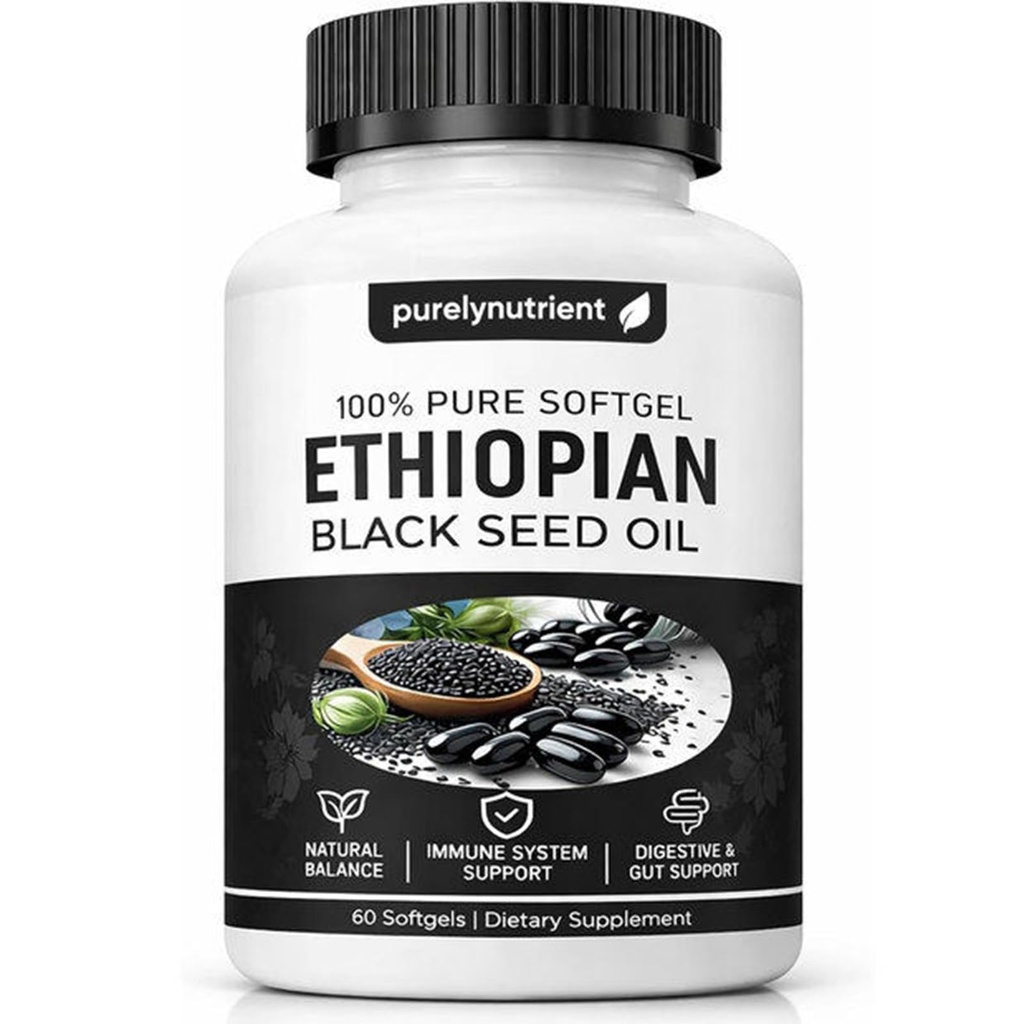 Ethiopian Black Seed Oil Capsules 4.64% Thymoquinone – Purely Nutrient Organic Cold Pressed Black Cumin Seed Oil Softgels, Non-GMO, Gluten-Free, 60 Softgels