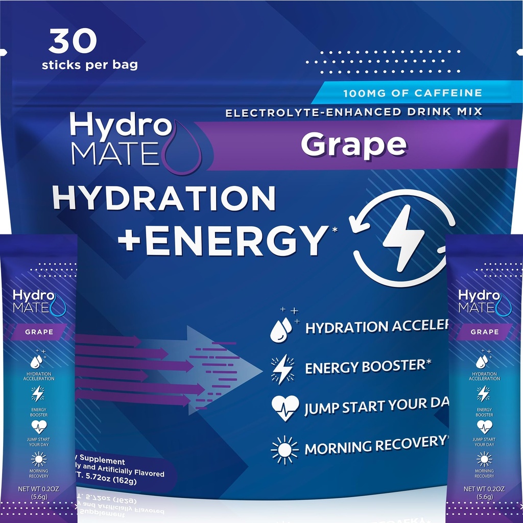 HydroMATE Electrolytes Powder Drink Mix Packets Hydration Accelerator Low Sugar Rapid Party Relief Recovery Vitamin C Plus Caffeine Grape Pack 30 Count