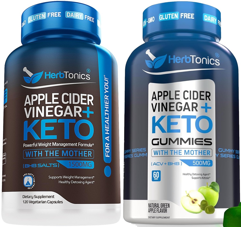 Herbtonics Apple Cider Vinegar Capsules with Keto BHB - Supports Digestion, Detox, and Metabolism for Women and Men, Sugar-Free, Keto Formula.