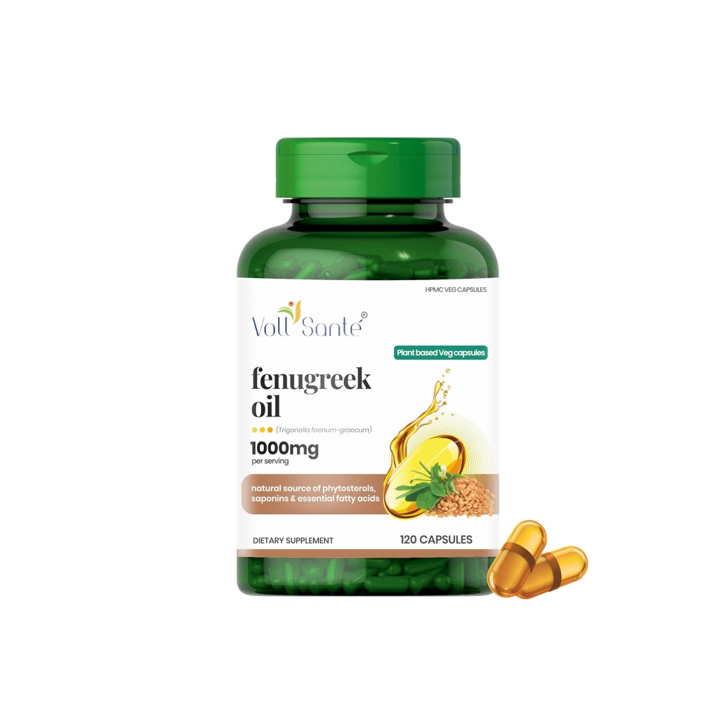 VOLL Sante Fenugreek Seed Oil Capsule—1000 mg Per Serving | HPMC Plant-Based Veg Capsules | Non-GMO | Ayurvedic Supplement |Natural Source of Phytosterols, Saponins&Essential Fatty Acids |120 Capsule