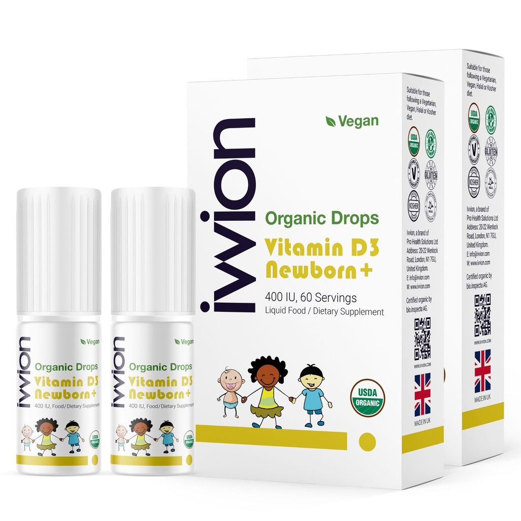 Organic Vegan 400IU, Vitamin D3, 60 Drops – Baby Drop for Infants & Toddlers | USDA Organic, Non-GMO, Plant-Based, No Additives or Preservatives, All Natural, Made in UK - Pack of 2