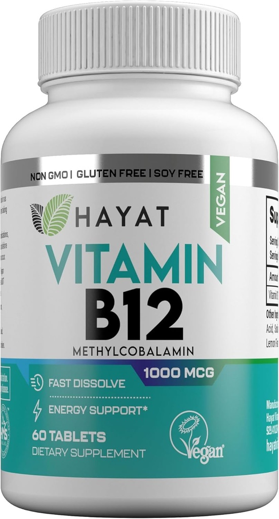 HAYAT Vitamins Vegan Natural Vitamin B12 1000 MCG, Dietary Supplement for Energy Metabolizmus Support, 2 hónap ellátás, Minden természetes, Certified Halal, 60 tabletta, Készült az USA-ban