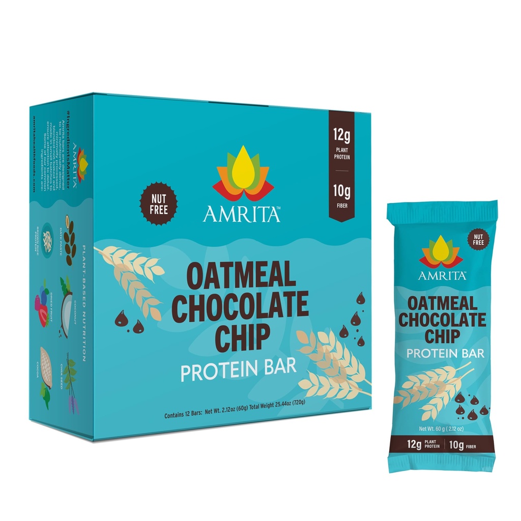 Amrita Nut Free Oatmeal Chocolate Chip Vegan Protein Bars (12 Count) | 12g Plant-Based Protein Bar | Peanut Free, Gluten Free, Dairy Free | Low Sugar, High Fiber, School Safe