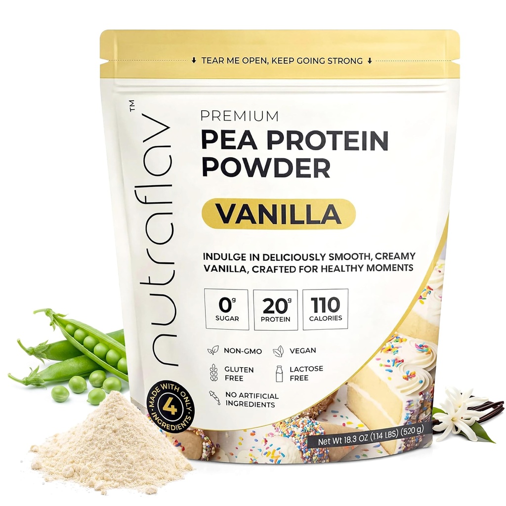 Vanilla Vegan Pea Protein Powder - Plant Based Soy Free Powder - 20g Protein Per Serving with 4 Ingredients - Iron-Rich, Easy to Digest - Zero Sugar - Great for Shakes & Smoothies - 20 Servings