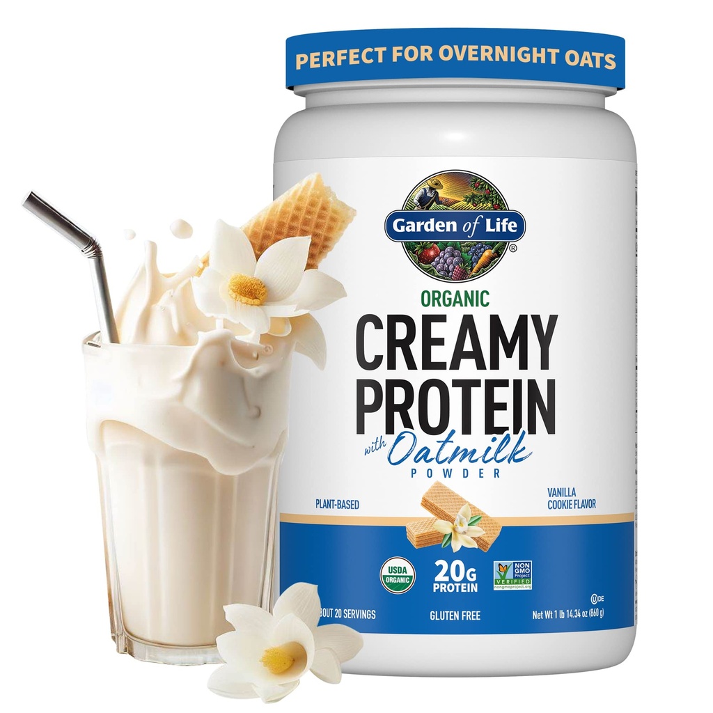 Garden of Life Creamy Plant Protein + Oat Milk Powder + Vanilla Flavor Vegan Protein Powder – Plant Based, Prebiotics & Probiotics, Gluten-Free, Non-GMO, Vanilla Cookie Flavor, 2 LBS
