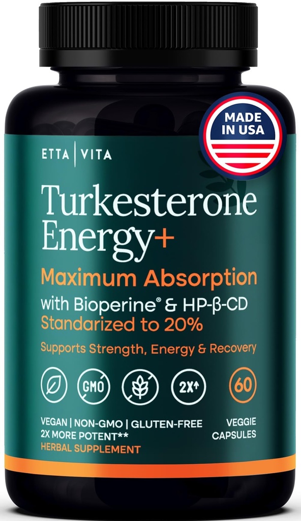 Potent Turkesterone Supplement, 2X Pure (Made in USA - 3rd Party Tested) Most Bioavailable and Natural Test Support Supplement, Supports Energy Lean Muscle Health, Recovery and Stamina, Vegan (60ct)