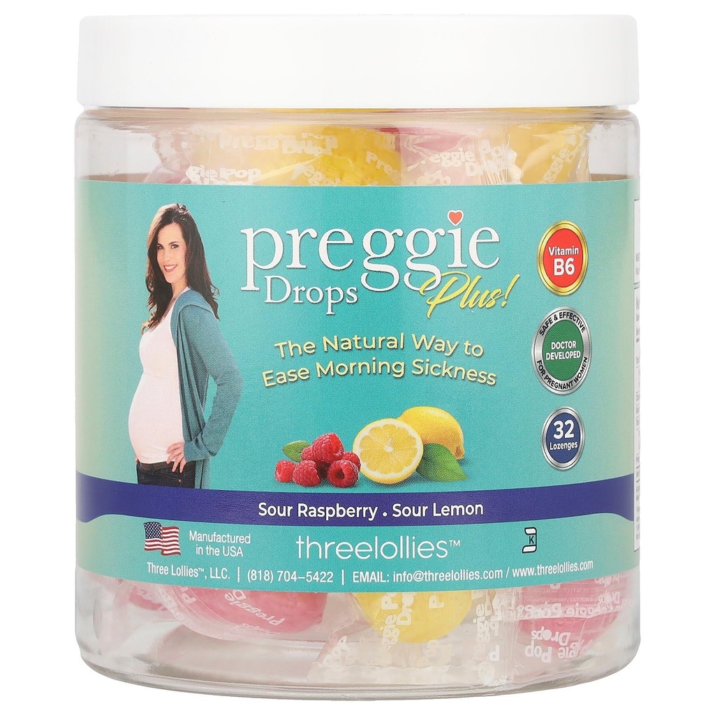 Preggie Pop Drops Plus with Vitamin B6 for Pregnancy Nausea Relief, Morning Sickness Candy with Essential Oils for Pregnant Women – Two Flavors, 32 Count