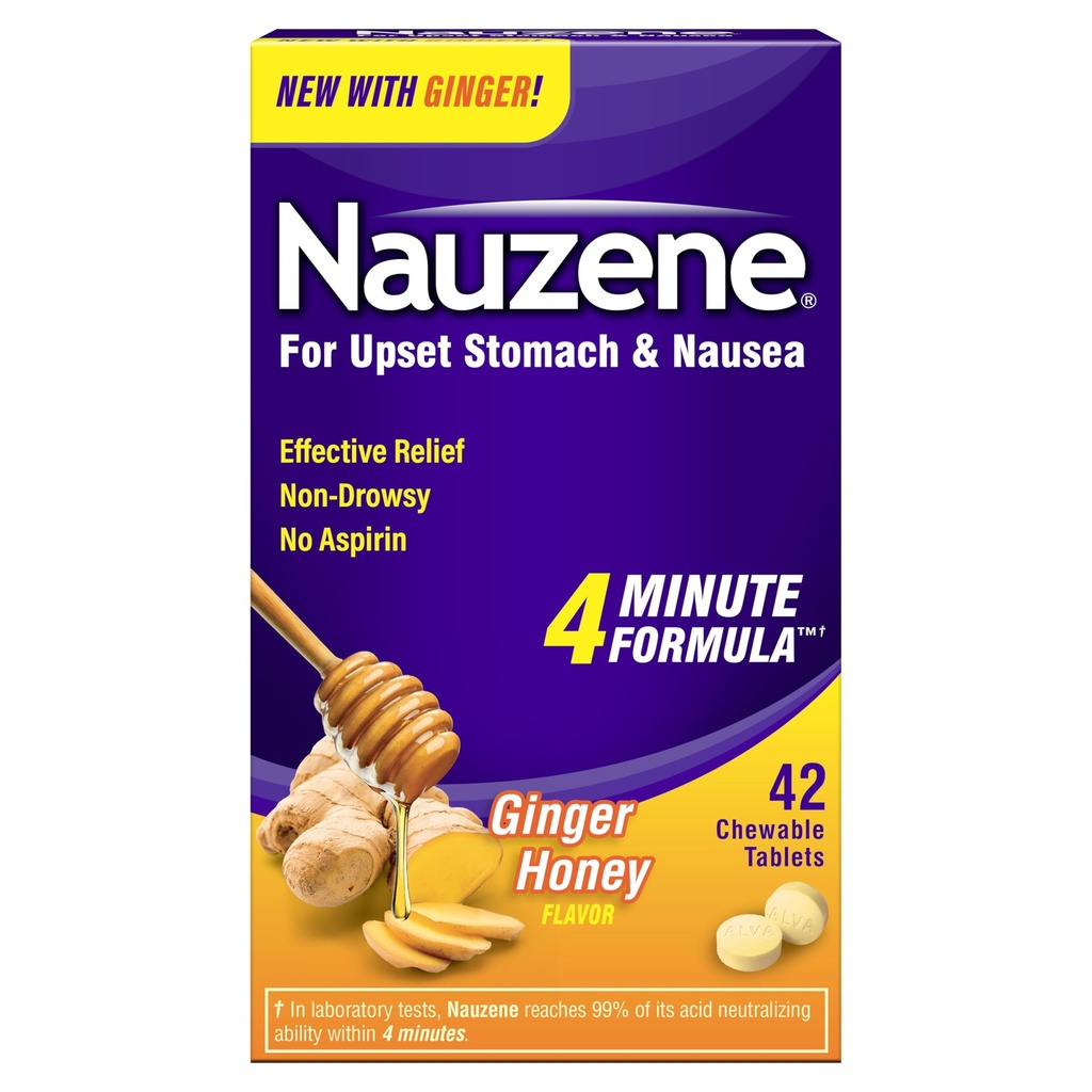 Nauzene Upset Stomach & Nausea Relief with Ginger | 4-Minute Formula | Non-Drowsy | Ginger Honey Flavor | 42 Count