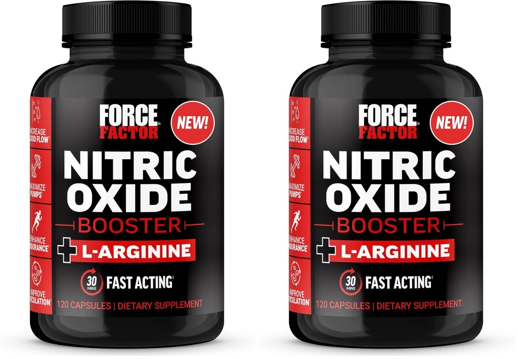 Force Factor Nitric Oxide Booster,Fast-Acting Formula with L-Arginine,Boosts Nitric Oxide Levels,Maximize Muscle Pumps,Enhance Endurance,Improve Circulation,120 Capsules,(Pack of 2)