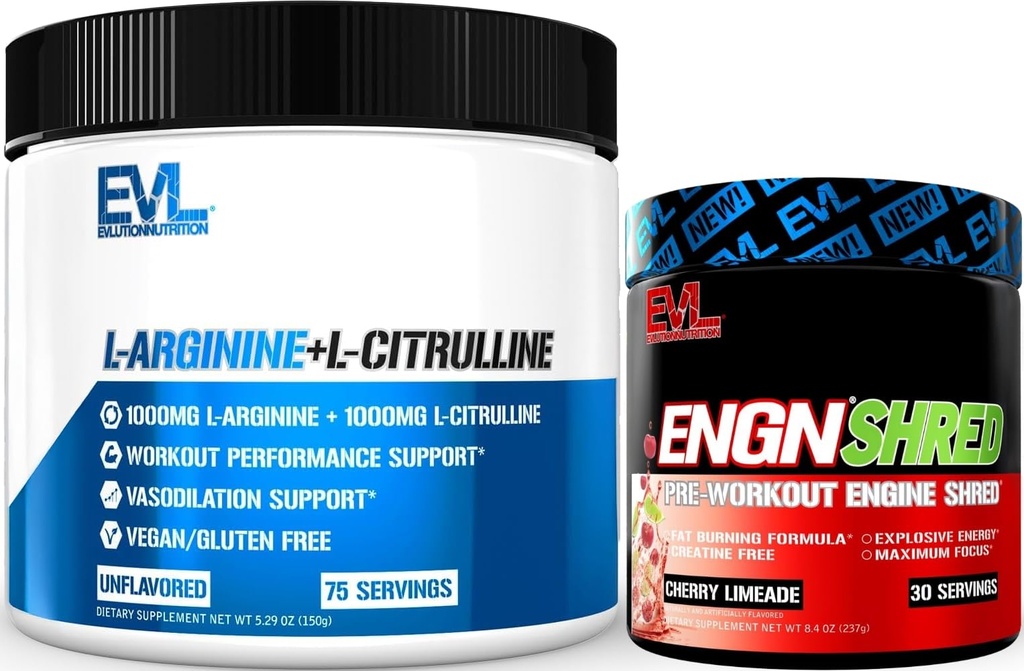 Evlution ENGN Shred Ultimate Pre Workout Powder (Cherry Lime, 30 Servings) Plus L-Arginine and L-Citrulline Nitric Oxide Complex (Unflavored, 75 Servings)