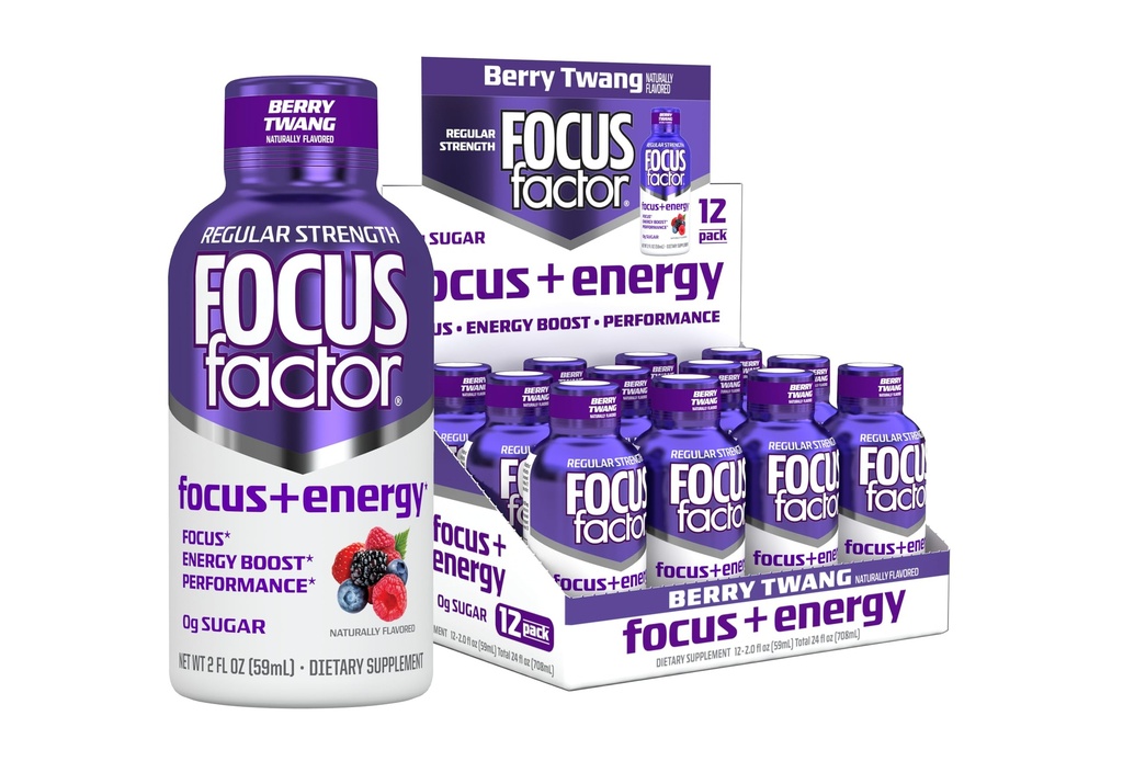 Focus Factor Focus + Energy Shots - 12 x 2oz Bottles (Berry Twang Flavor) - Powered by Nootropics with Caffeine, L-Theanine, Ginkgo, Bacopa, L-Tyrosine, Alpha GPC
