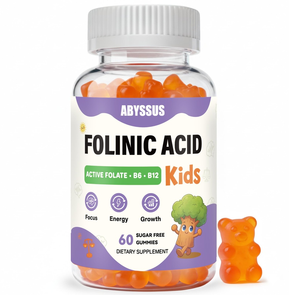 ABYSSUS Folinic Acid Gummies for Kids – Methylated B-Complex (P5P B6 & Methyl B12) + Folate, Brain, Focus & Healthy Growth Support, Sugar-Free, Non-GMO, 60 Gummies