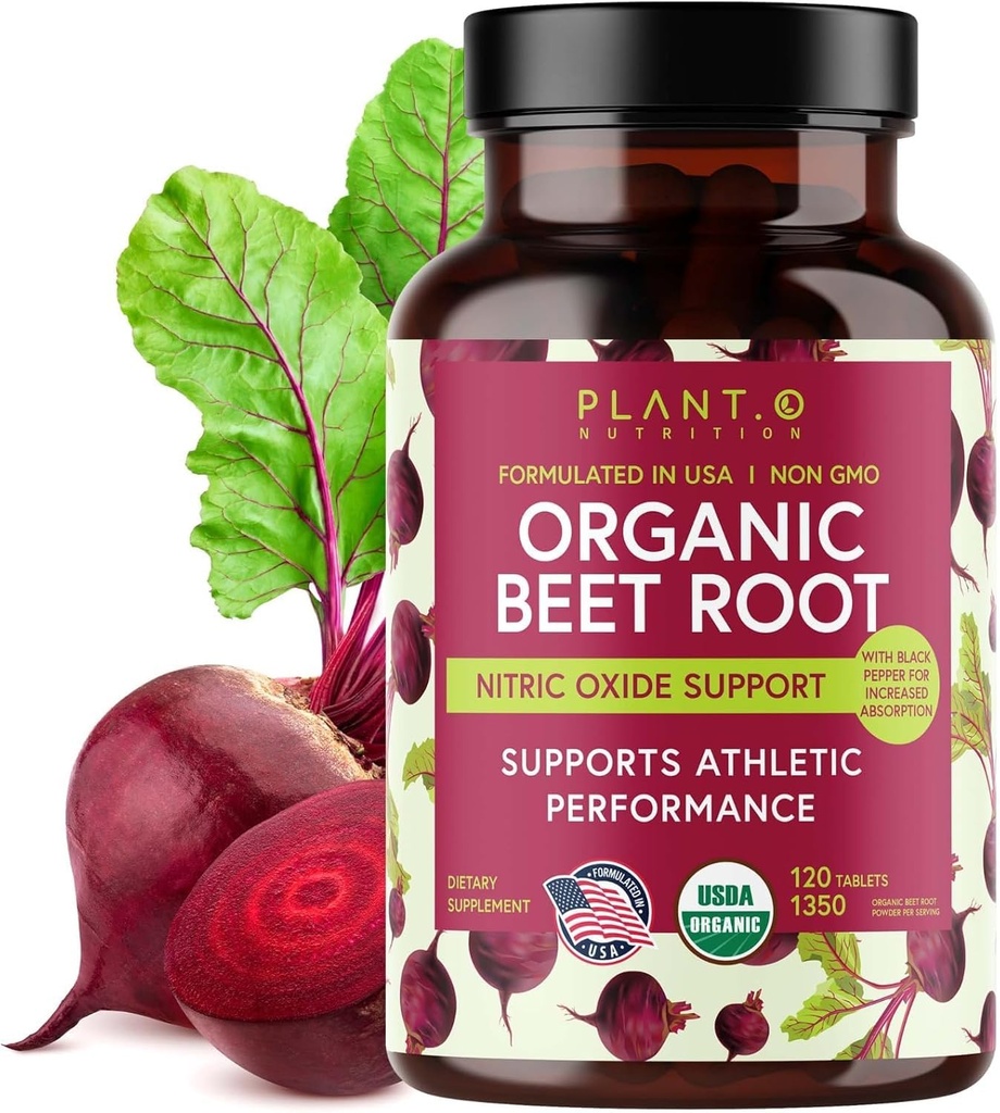PLANT.O NUTRITION Organic Beet Root Capsules 1350mg – USDA Certified Beetroot Powder Supplement with Black Pepper | Nitric Oxide & Circulation Support | Vegan Non-GMO | 120 Tablets 2 Month Supply