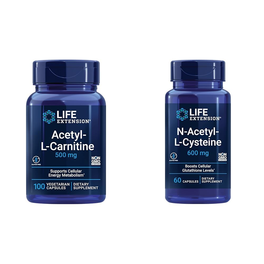 Life Extension Acetyl-L-Carnitine Cellular Energy, Brain, Nerve Support + N-Acetyl-L-Cysteine Immune, Respiratory, Liver Health, Antioxidant, 100 + 60 Capsules