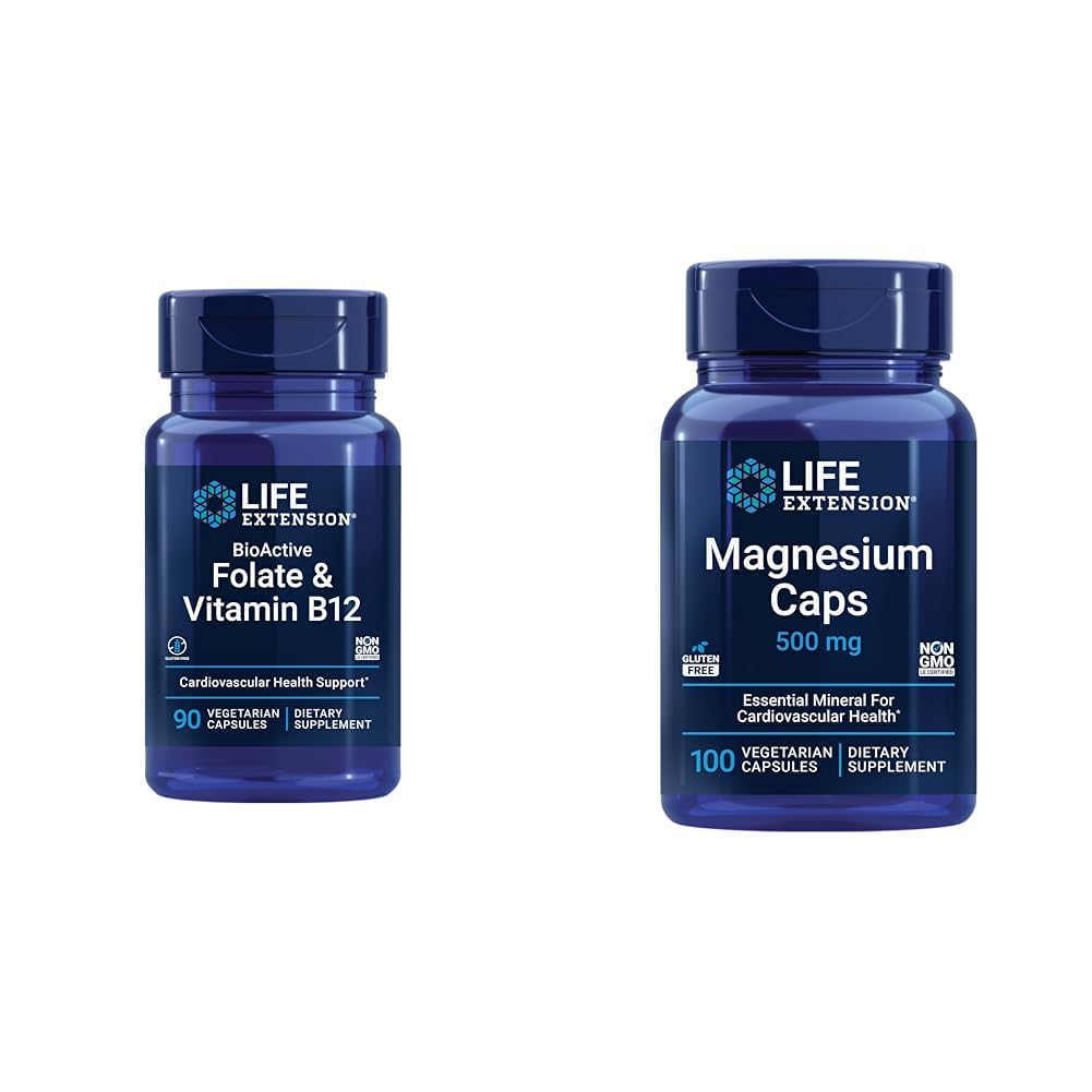 Life Extension BioActive Folate & Vitamin B12 Heart, Brain & GI Health Non-GMO Gluten-Free Vegetarian 90 Capsules and Magnesium 500mg Oxide Citrate Succinate Heart Bones Metabolism 100 Capsules Bundle