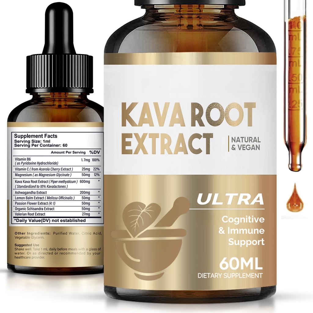 Kava Kava Root Extract Supplement,Support Cognitive & Immune System, Vegan Non-GMO, High Concentration Kava, 60ML