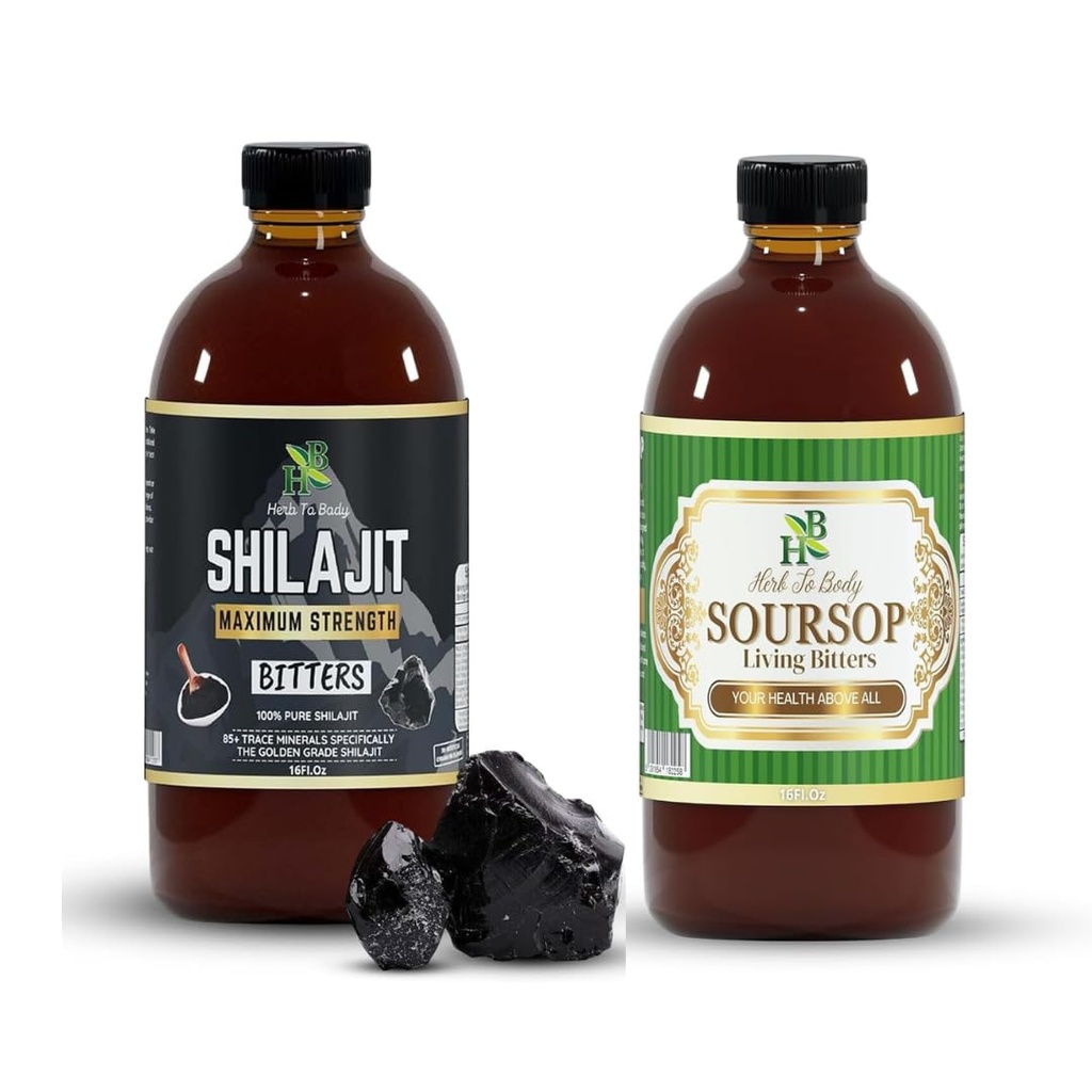 Herb To Body Soursop Bitter Liquid + Shilajit Bitter Liquid Bundle | Wildcrafted Botanical Liquid Blends | 16oz Each