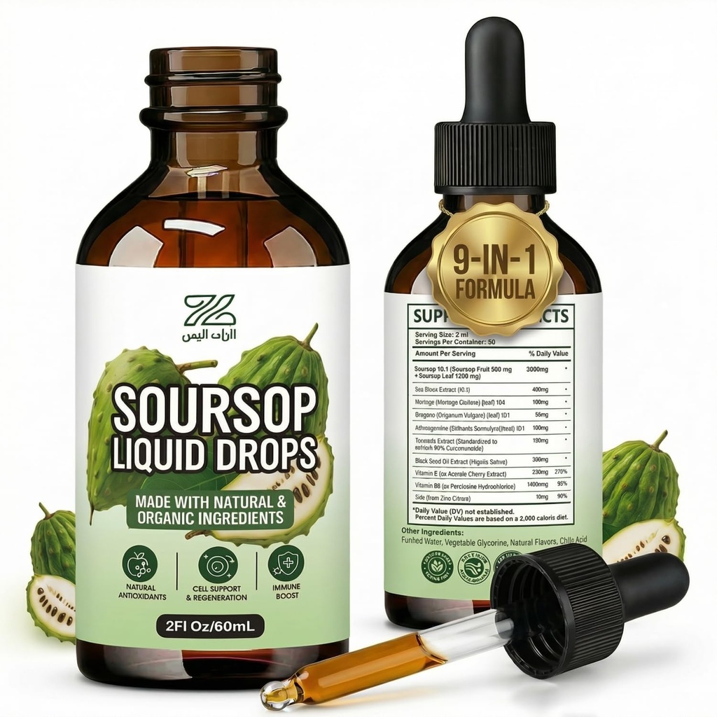 Soursop Liquid Drops 9-in-1 Botanical Blend with Sea Moss, Moringa, Turmeric, Oregano & Black Seed | Supports Overall Wellness | Vegan, Non-GMO | 2 fl oz