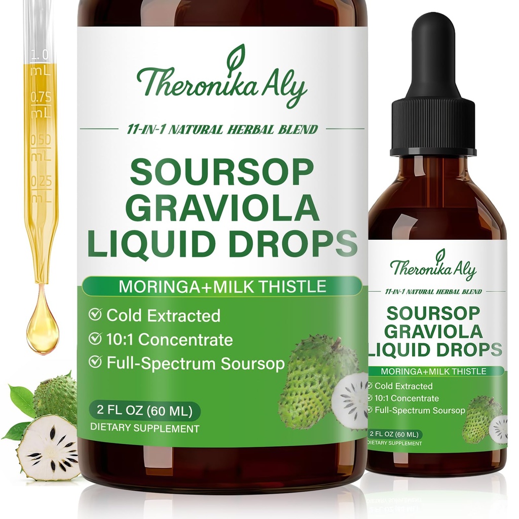 Soursop Bitters Liquid Drops 11-in-1 Herbal Blend with Soursop Extract, Sea Moss, Moringa, Turmeric, Black Cumin & Milk Thistle, Soursop Drops for Daily Wellness, 2 Fl Oz