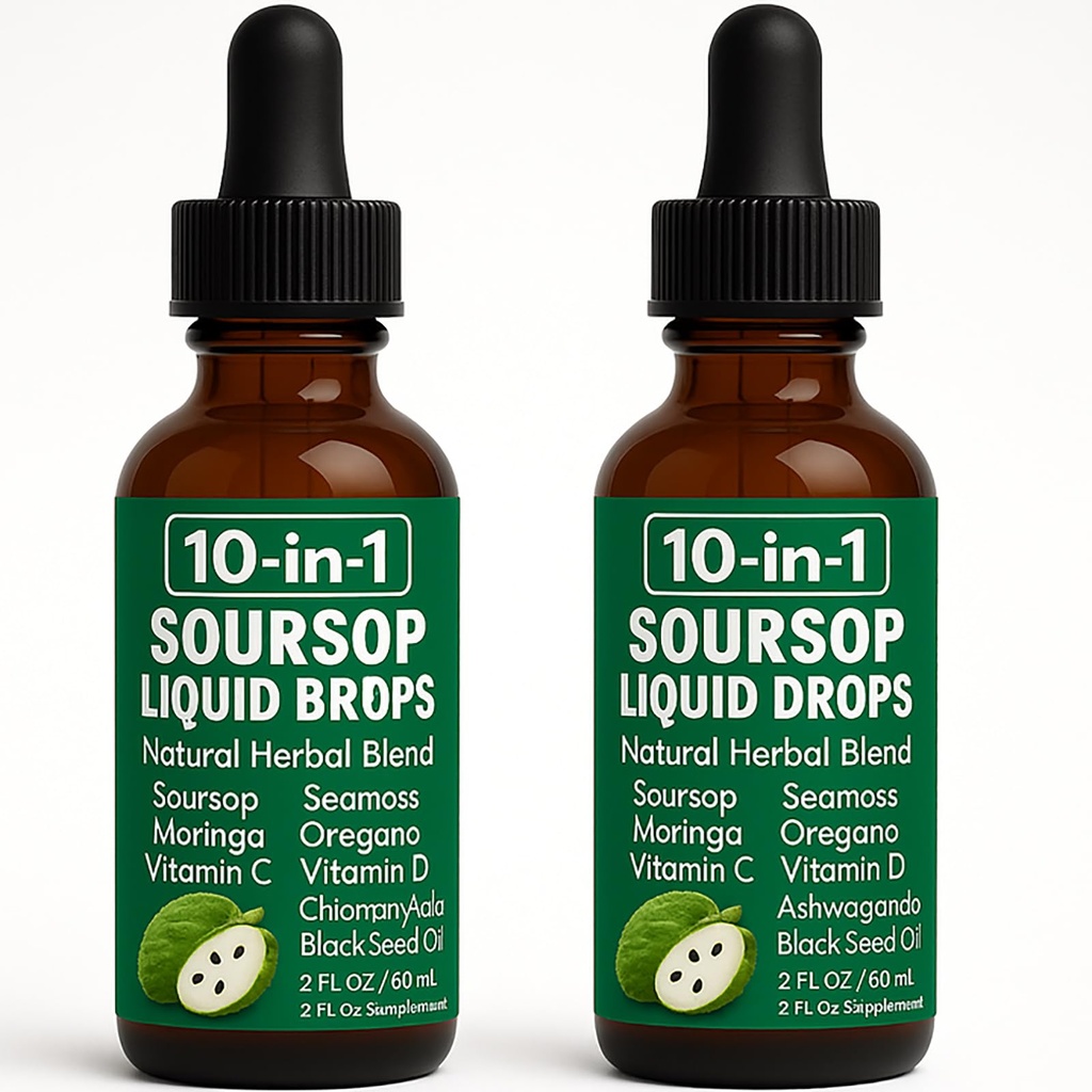Simply Soursop Natural Drops, 10-in-1 Soursop Extract Drops with Sea Moss, Moringa, Turmeric, Black Seed Oil, Oregano, Ashwagandha Immune Support | Improving Gut Health | Heart Health, 2 Fl Oz (2)