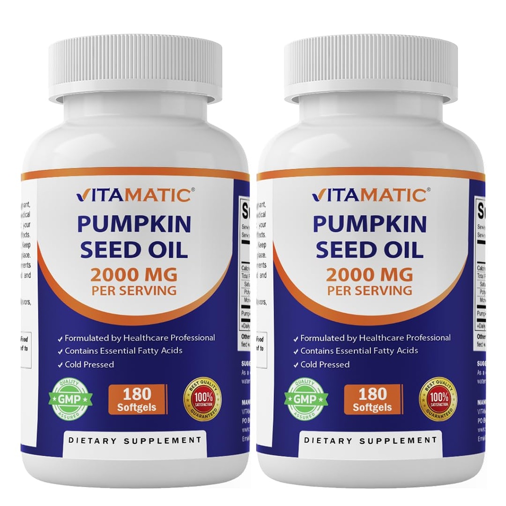 Vitamatic Pumpkin Seed Oil 2000mg – 180 Softgels (Pack of 2-360 Count)