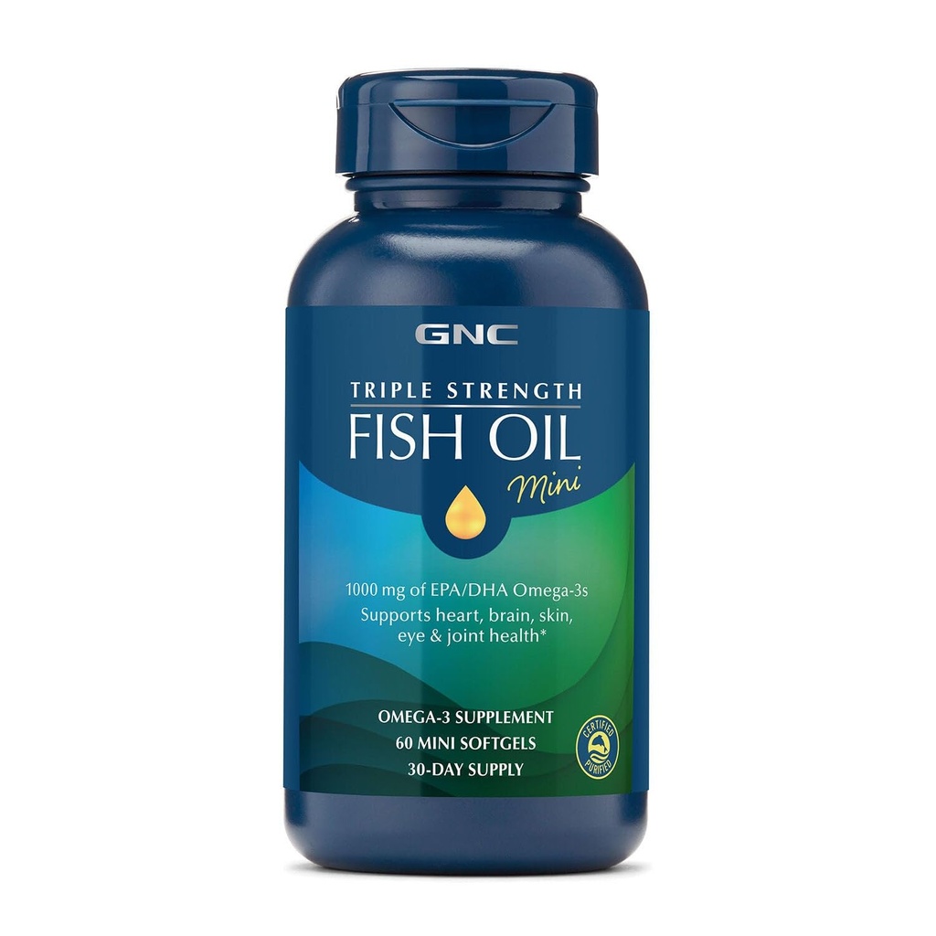 GNC Triple Strength Fish Oil Mini Omega 3 Supplement, 1000mg EPA and DHA, Supports Heart, Brain, Skin, Eye and Joint Health, 60 Mini Softgels