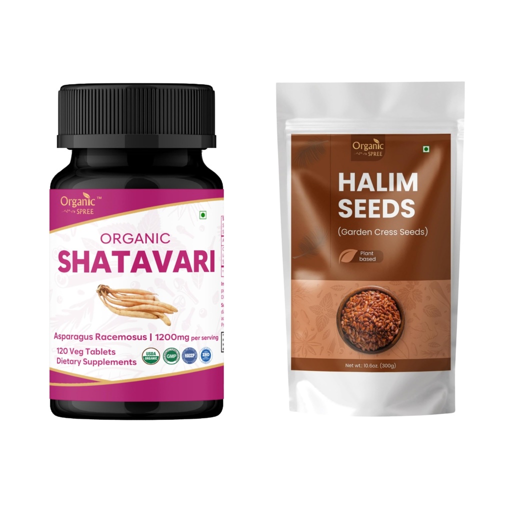 ORGANIC SPREE Shatavari Tablets & Halim Seeds – 120 Tablets & 300g – USDA Organic Women’s Health & Immune Support – Asparagus Racemosus & Garden Cress Seeds