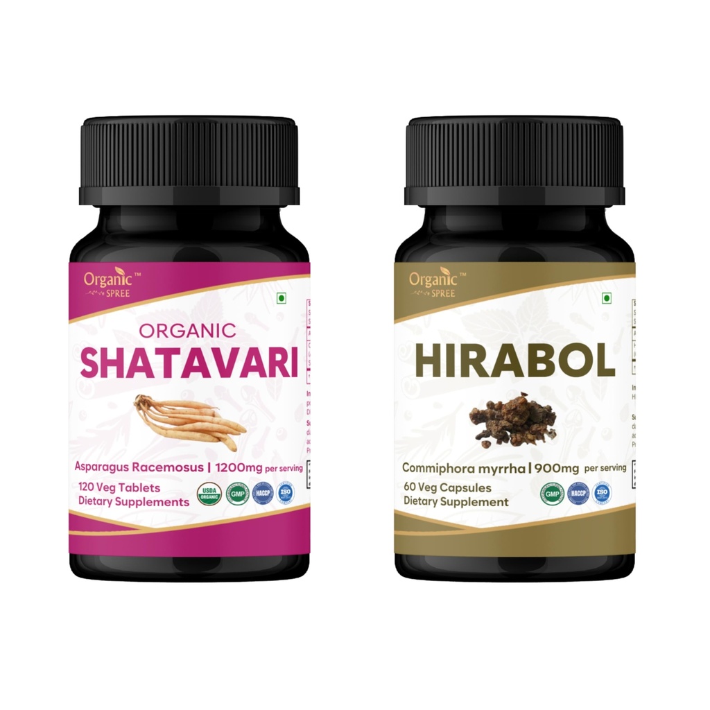 ORGANIC SPREE Shatavari & Hirabol Supplement – 120 Tablets & 60 Capsules – USDA Organic Women’s Health & Immune Support – Asparagus Racemosus & Commiphora Myrrha