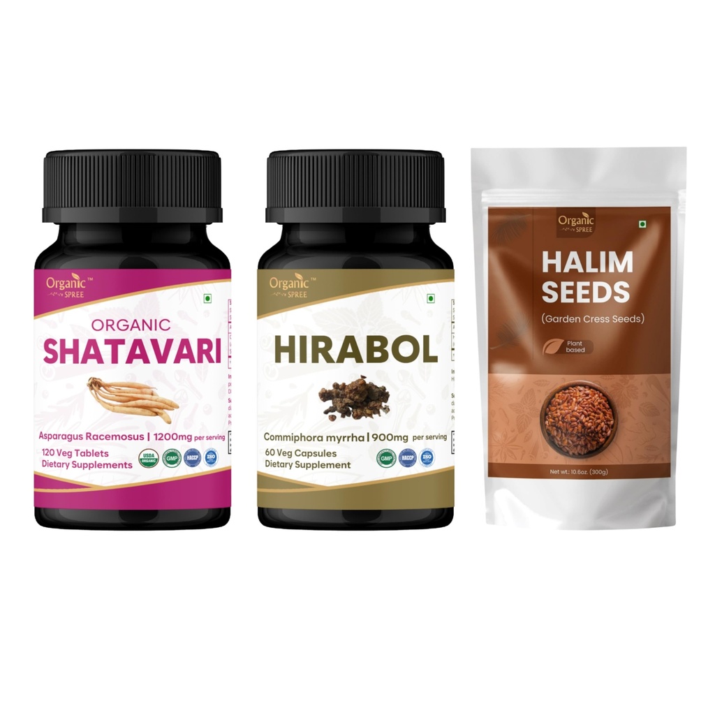 ORGANIC SPREE Shatavari, Hirabol & Halim Seeds Supplement – 120 Tablets, 60 Capsules & 300g – USDA Organic Women’s Health Spport