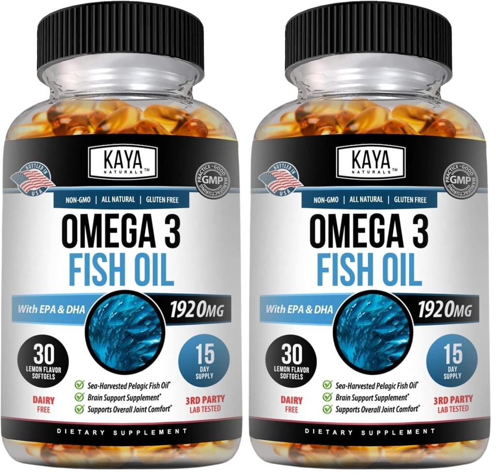 Kaya Naturals Omega 3 Supplement - Nature Made Omega 3 Fish Oil - 100% Pure Sea-Harvested Pelagic Fish Oil with No Fishy Aftertaste - 30 Count Softgels (Pack of 2)