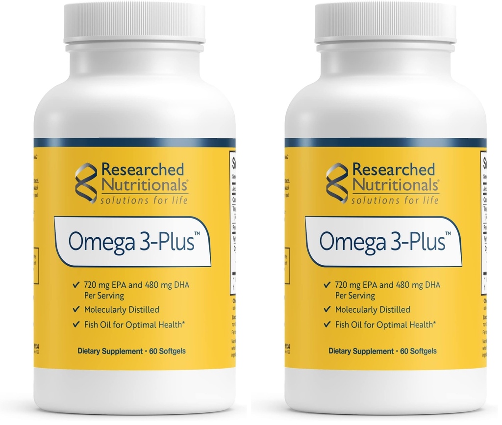 Researched Nutritionals Omega-3 Plus Fish Oil - EPA DHA Omega 3 Supplement to Support Cardiovascular & Brain Health - Molecularly Distilled for Purity & Safety (60 Softgels) (Pack of 2)