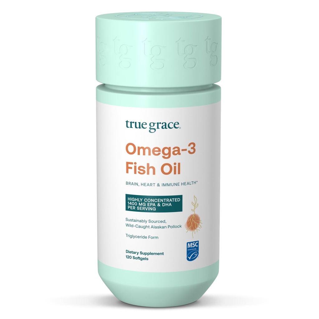 True Grace Omega-3 Fish Oil - 120 Softgels - 1400 mg EPA + DHA - Brain, Heart, Joint & Immune Health - Organic, Gluten Free, Soy Free