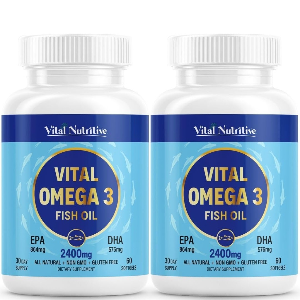 Vital Omega 3 Fish Oil Supplements 2400mg | 864mg EPA & 576mg DHA | 1440mg Total Omega-3 Fatty Acids | Promotes Brain & Heart Health | Non-GMO, Gluten-Free, Sugar-Free | Lemon | 60 Day Servings