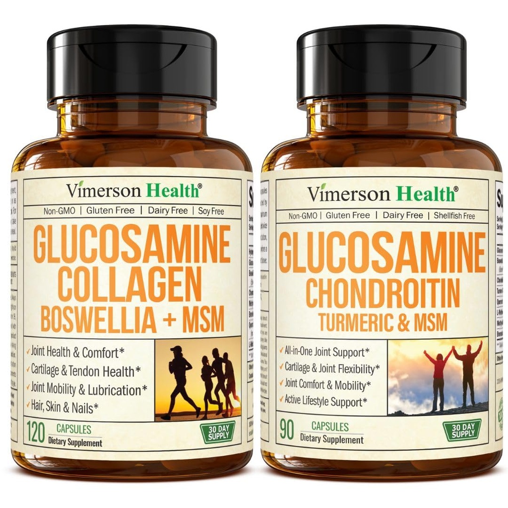 Vimerson Health Glucosamine Chondroitin MSM with Collagen Powder & Glucosamine Chondroitin MSM and Turmeric Supplement – Joint Support with Boswellia, Quercetin, MSM