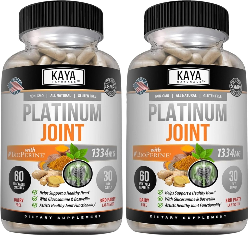 Kaya Naturals Platinum - Nature Made Bioperine, Glucosamine, Turmeric with Boswellia, Healthy Antioxidant Properties, Turmeric Curcumin 1334mg - 60 Capsules (Pack of 2)