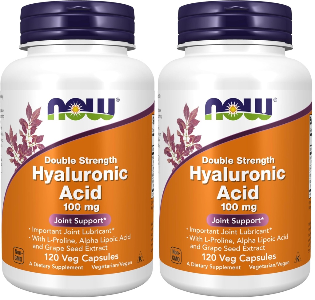 NOW Foods Supplements, Hyaluronic Acid 100 mg, Double Strength with L-Proline, Alpha Lipoic Acid and Grape Seed Extract, 120 Veg Capsules, (Pack of 2)
