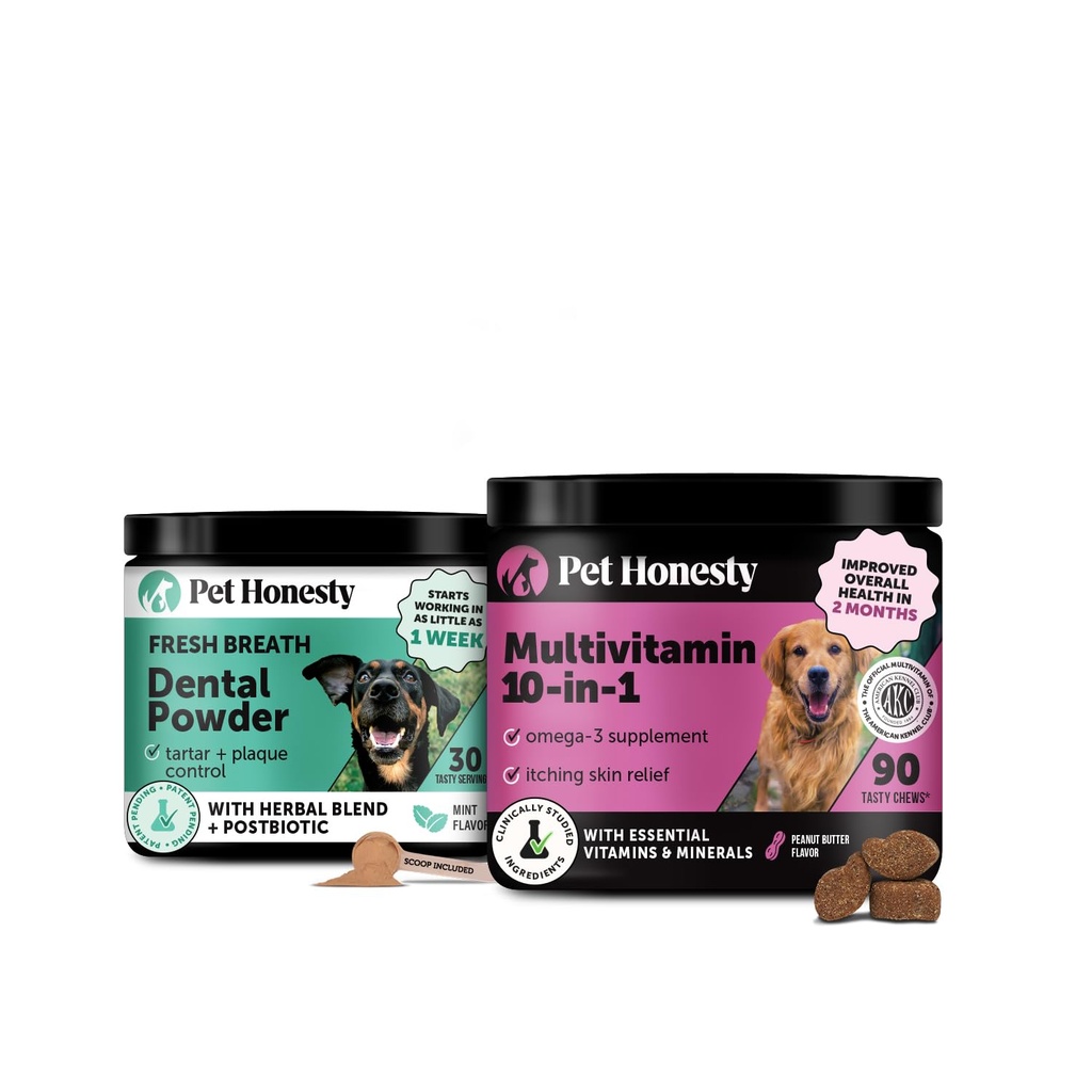 Multivitamin for Dogs + Dental Powder Virtual Bundle for Teeth Cleaning & Plaque Removal, Glucosamine, Probiotics, Omega Fish Oil, Vitamins for Skin, Coat, and Allergies