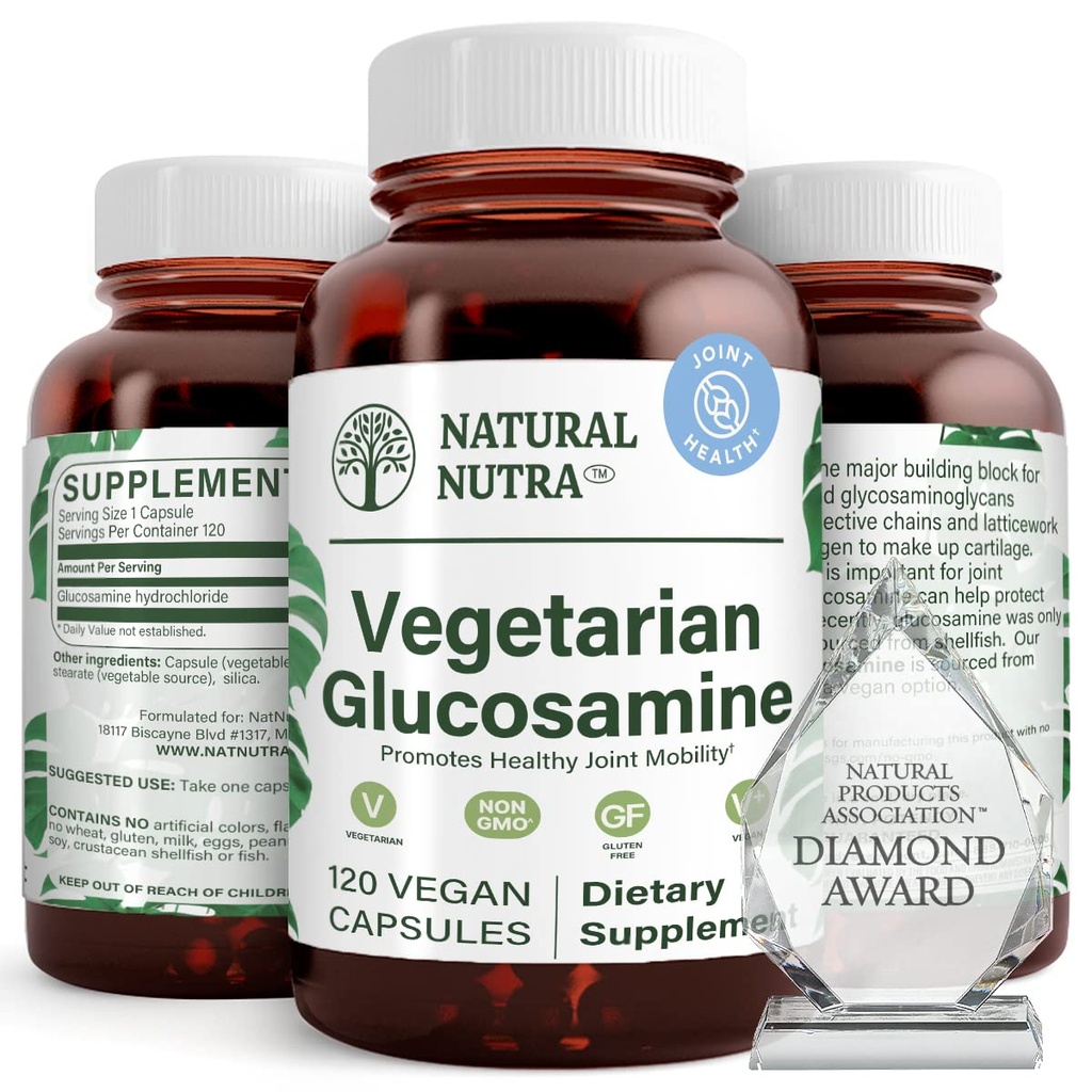 Natural Nutra Vegan and Vegetarian Glucosamine Hydrochloride for Men and Women, Kosher, Shellfish Free, Plant Based, Joint Support Supplement, Helps Joints Health & Mucles Gristle, 750mg, 120 Capsules