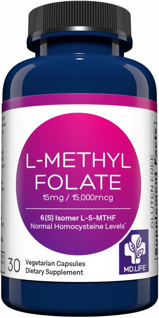 MD L-Methylfolate 15mg - Phụ chuyên nghiệp-Grade dịch vụ lMylfolate - 30 Capsules - L-Methylfolate 15mg - Tối đa hiệu ứng MTHFR W/Esental acids