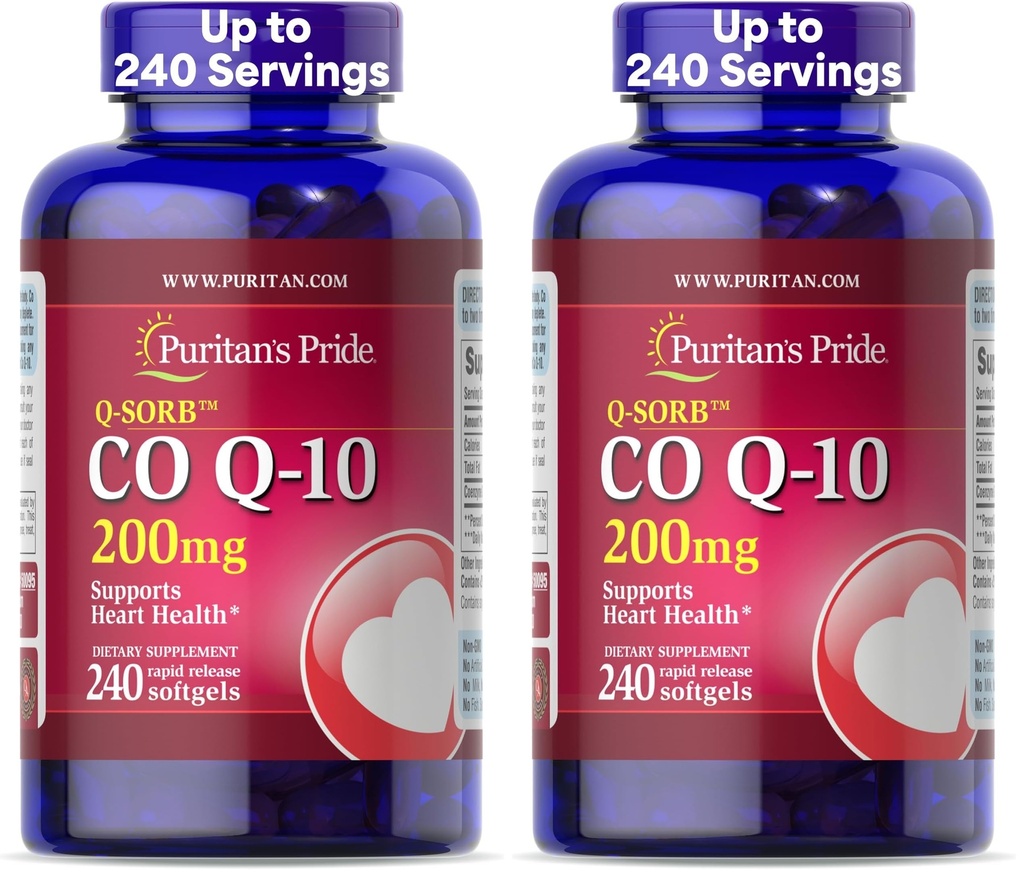 Puritan's Pride Coenzyme CoQ10 200mg,Dietary Supplement for Heart Health,Blood Pressure,Oral Gum Health,and Healthy Aging Support,240 Servings,Rapid Release Softgels,(Pack of 2)