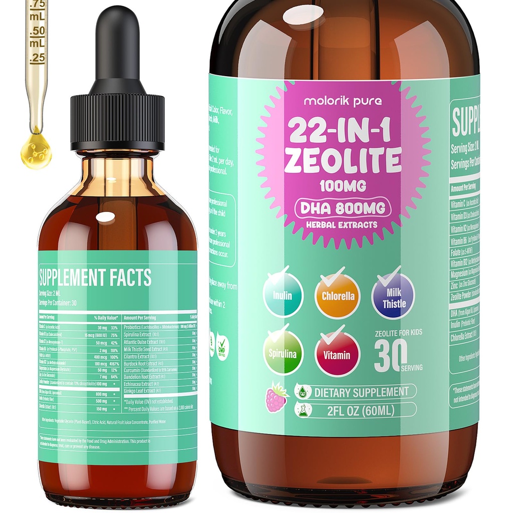 Zeolite Detox for Kids and Adults, Herbal Detox with 800mg DHA, 500mg Inulin, Probiotics & Vitamin B12, D3, C, B6, Cilantro Extract Cleanse to Support Brain, Immune, Gut, Energy, Berry Flavor, 60ML