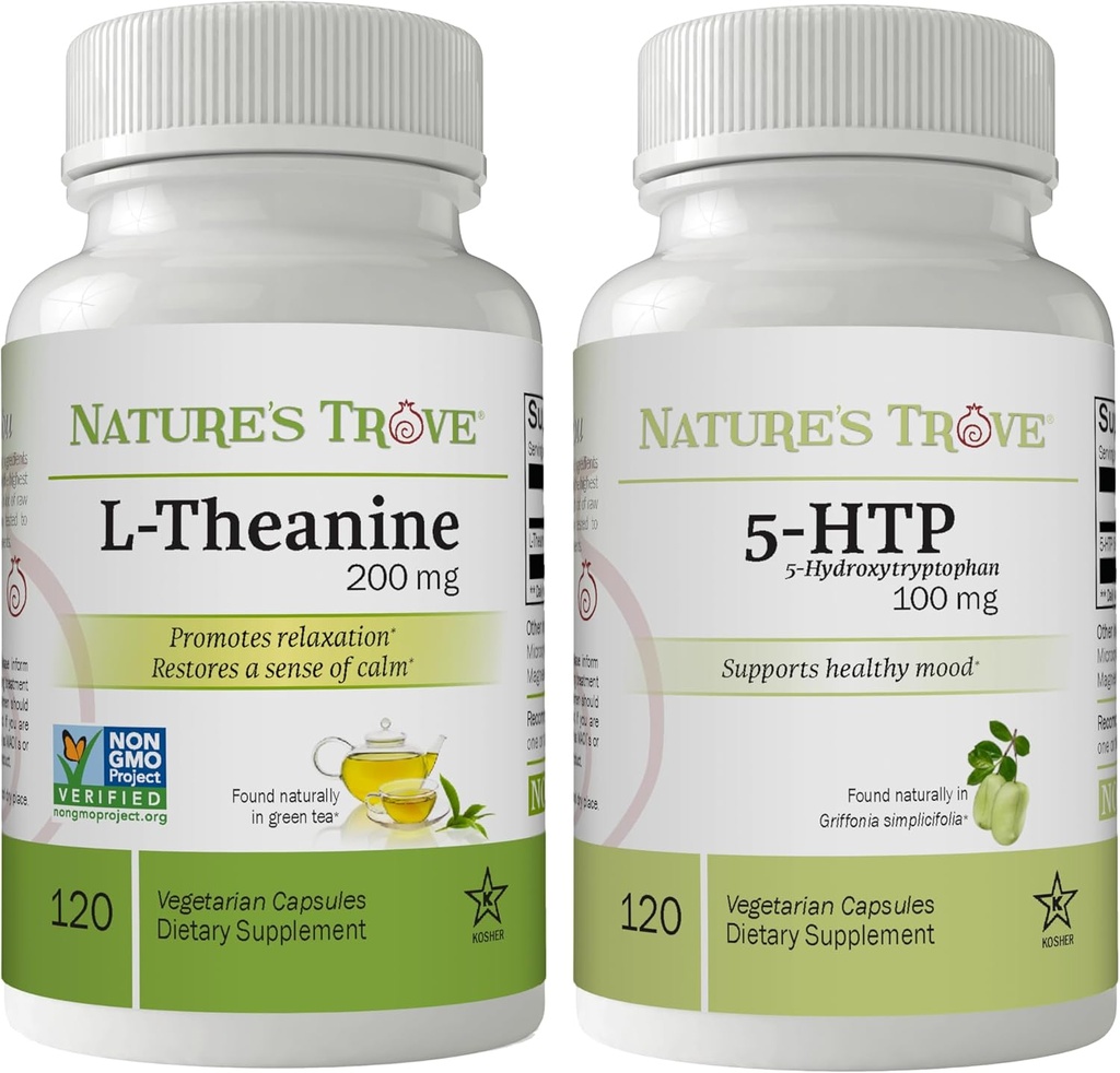 Nature's Trove L-Theanine 200mg 120 cápsulas vexetarianas e 5-HTP 100mg 120 cápsulas vexetarianas - Calm & Healthy Mood Stack