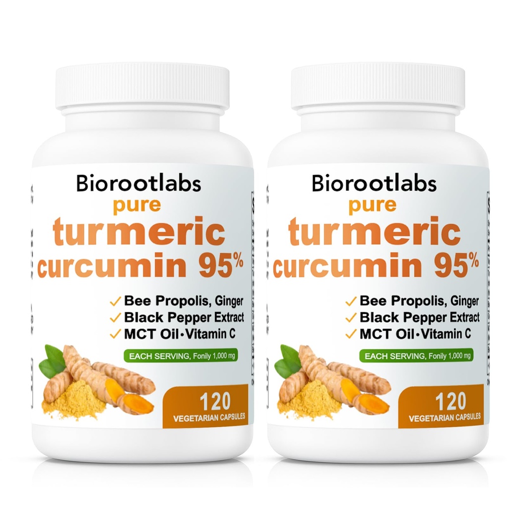 Biorootlabs Turmeric Curcumin Supplement 1000mg, Biorootlabs Pure Turmeric Curcumin 95, 6-in-1 Turmeric Curcumin Capsules with Bee Propolis, Ginger, Mct Oil, Fat Soluble Vitamin C & Black Pepper (2)