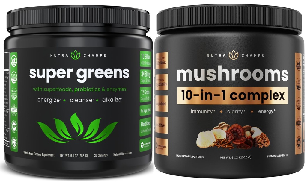 NutraChamps Super Greens & Super Mushrooms: Ultimate Brain, Gut & Body Boost
