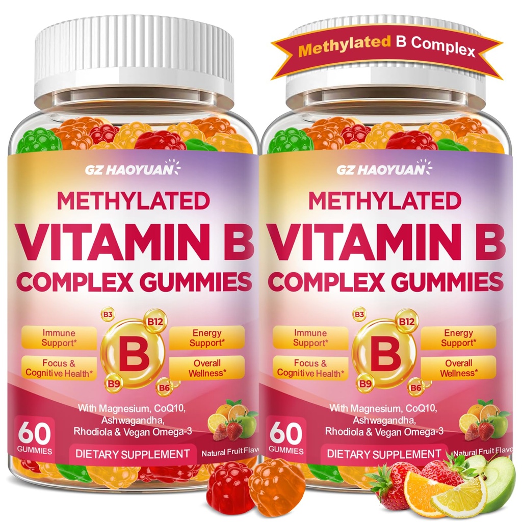 Methylated Vitamin B Complex Gummies for Women & Men with Vitamin B1, B2, B3, B5, B6, B7, B9, B12 & Magnesium, Omega-3, CoQ10, Supports Brain Health, Energy, Immune, Sugar Free, Fruit Flavor, 120ct