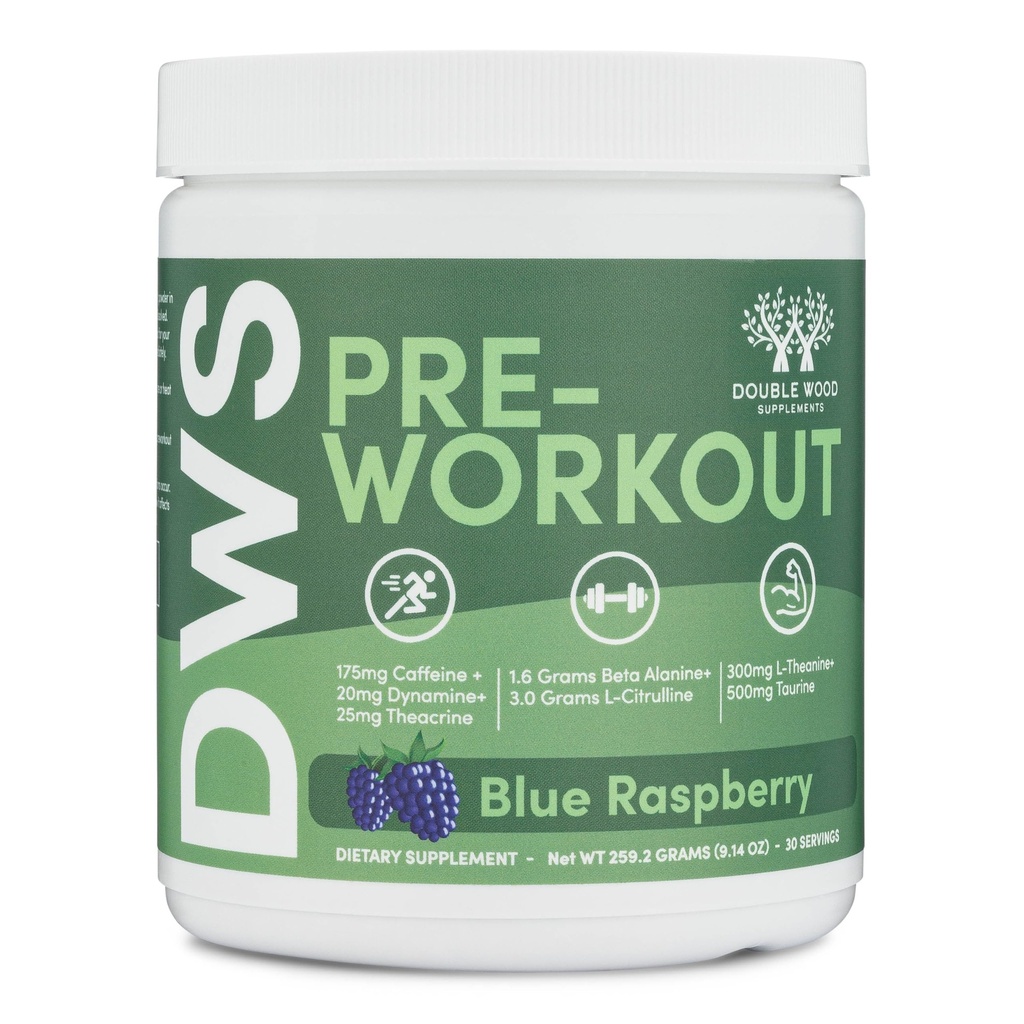 Pre Workout Powder for Men & Women (30 Servings of Caffeine, Beta Alanine, L-Citrulline, Dynamine, L-Theanine, Taurine, Theacrine, & More) Preworkout Powder with Scoop by Double Wood (Blue Raspberry)