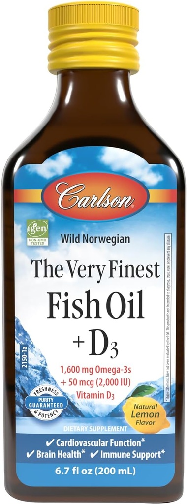 Carlson - The Very Finest Fish Oil + D3, 1600 mg Omega-3, 50 mcg (2000 UI) Vitamina D3, Liquid Fish Oil y D3 Suplemento, Norwegian, Wild Caught, Sustainably Sourced, Lemon, 200 mL (6.7 Fl Oz)
