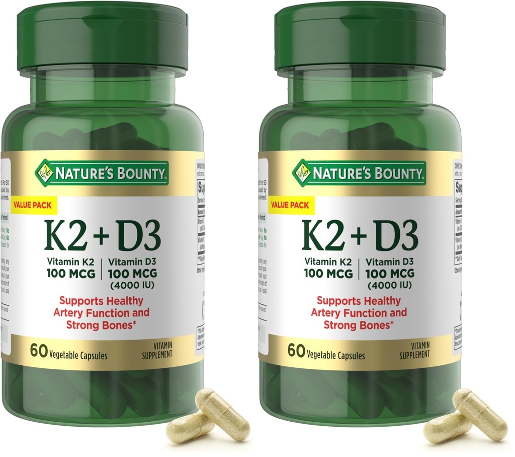 Nature's Bounty Supplement, 4000 IU Vitamin D3 Plus 100 mcg of Vitamin K Supplements for Adults for Heart & Bone Health Support, 60 Day Supply, 60 Vegetarian Capsules (Pack of 2)