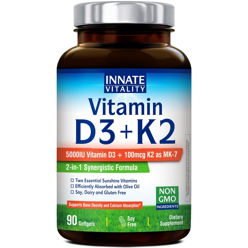 Innate Vitality Vitamin D3 K2 Supplement 90 Softgels, Vitamin D3 5000 IU + K2 100 mcg with Cold-Pressed Olive Oil for Maximize Absorption, Non-GMO, No Soy or Gluten, Bone, Immune & Heart Support