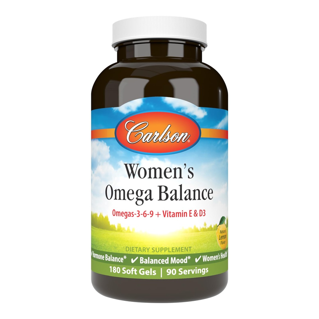 Carlson - Women's Omega Balance, Balanced Omega-3, 6 & 9 Ratio, with D3, E, Norwegian, Wild-Caught Fish Oil Supplement with Fatty Acids, Sustainably Sourced Fish Oil Capsules, 180 Softgels
